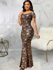 Sexy Floral Print Dress Off Shoulder Slit Mermaid Maxi Evening Party Dress