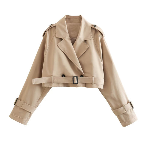 Double Breasted Short Jacket Women Chic Casual Loose Belt Stylish Outerwear Fashion Coat