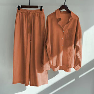 Casual Lonf Sleeve Top and Loose Wide Legs Trouser Set
