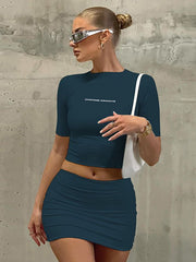 Letter Print Solid Turtleneck Short Sleeve Crop Top, Sexy Slim Skirt 2 Piece Set