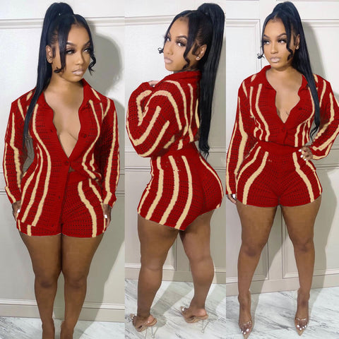 Crochet Sweater & Matching Shorts Set Women 2-Piece Casual Elegant Summer Fashion Outfit