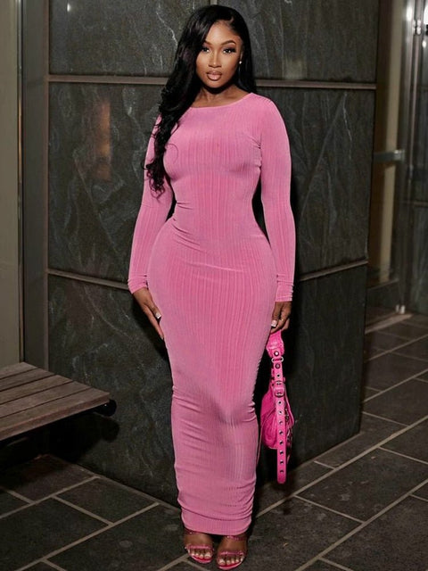 Y2K Bodycon Maxi Dress Women Elegant O-Neck Chic Club Party Streetwear Casual Fashion Dress