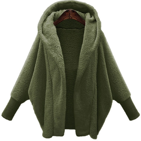 Fleece Hooded Jacket Women Solid Long Sleeve Loose Faux Fur Large Cardigan Warm Winter Outerwear