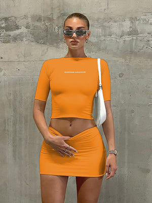Letter Print Solid Turtleneck Short Sleeve Crop Top, Sexy Slim Skirt 2 Piece Set