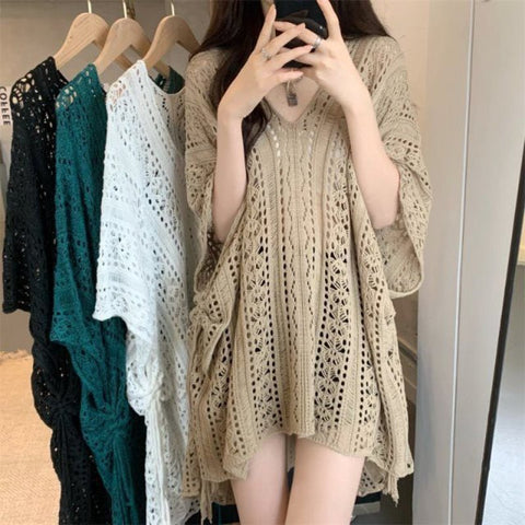 Hollow Out Knit Sweater Women Short Half Sleeve Casual Chic Everyday Fashion Top