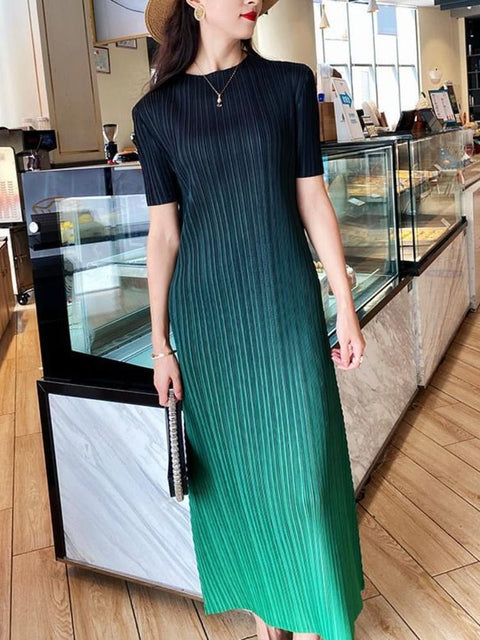 Pleated A-Line Maxi Dress Women O-Neck Elegant Cocktail Party Casual Fashion Dress