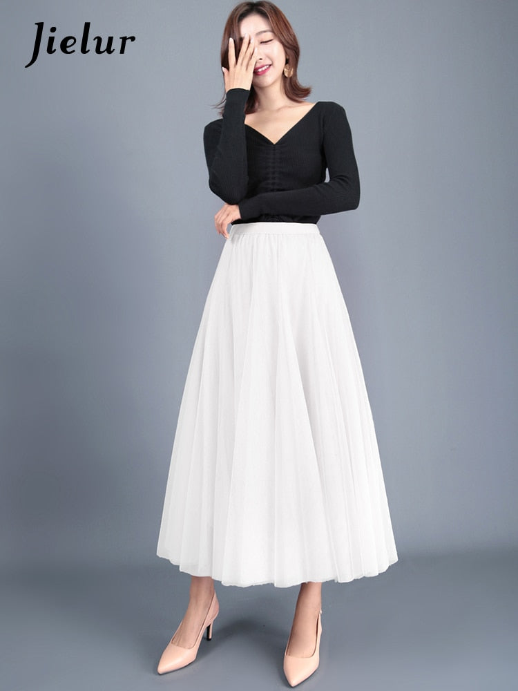 French Mesh Asymmetrical Skirt Tulle Dress High Waist Pleated Elegant Loose Skirt