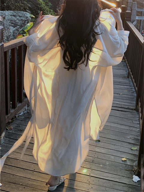 Long Sleeve Sun Protection Shirt Dress Women Loose Thin Cardigan Elegant Beach Vacation Summer