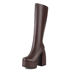 Women's Black Platform Under Knee Boots Stacked High Heeled Boots Round Toe Stretch Go-Go Boot