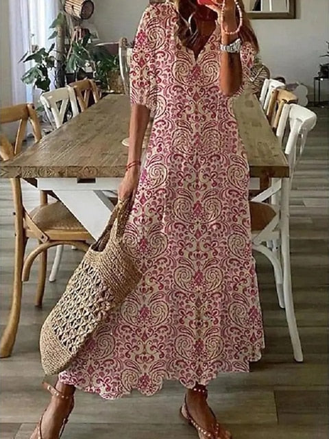 Pattern Print Long Dress Women V Neck Tassel Pleated Party Dress 3/4 Sleeve