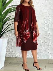 Elegant Mesh Print Plus Size Women's Midi Party Evening Dress