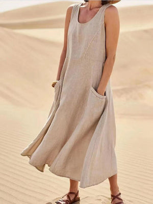 Sleeveless Loose Summer Dress Streetwear Solid V Neck Cotton & Linen Midi Dress Plus Sizes