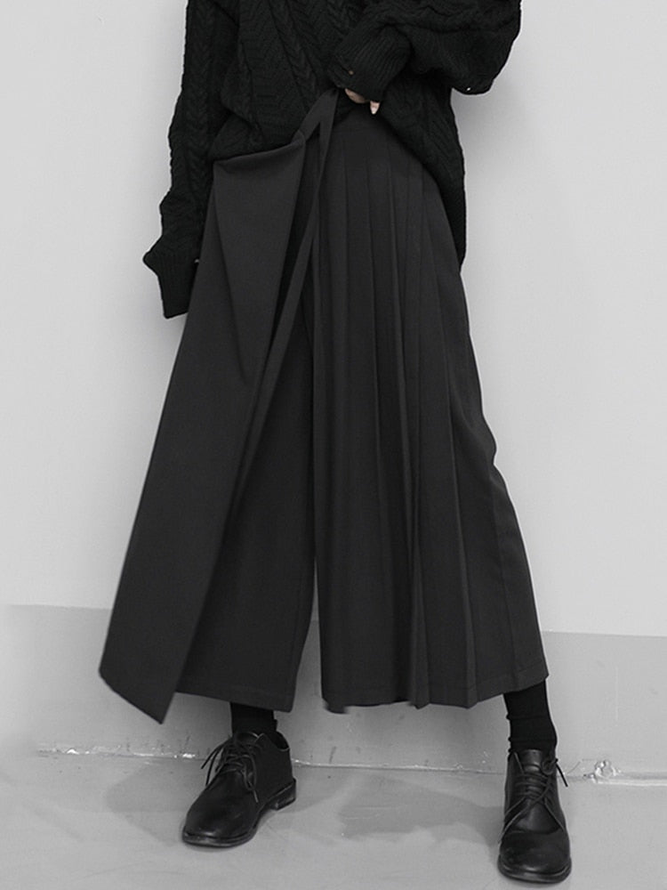 Women's Elastic Waist Wide Leg Loose Fit Pants Black Pleated Split Wide Leg Trousers