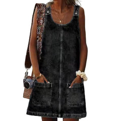 Faux Denim Dress Round Neck Sleeveless With Pockets Loose Overall Dress Plus Sizes 