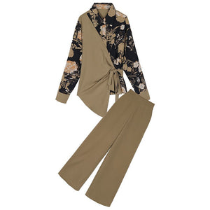 Women's 2 Piece Outfit Spliced Printed Blouse And Wide Leg Pant