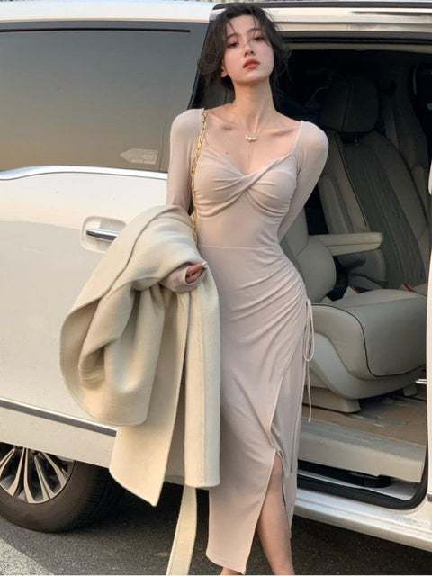 Long Sleeve Knit Midi Dress Women Elegant Square Neck Lace-Up Party Casual Fashion Dress