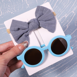 2 Piece/Pack Vintage Kids Round And Flower Shaped Sunglasses Plus Bow Headband For Children