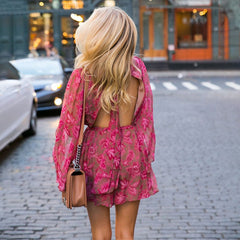 Peacock Floral Print Beach Bohemian Long Sleeve Jumpsuit Backless Dress