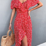 Floral Print Summer Dress V-Neck Midi Dresses Women's Casual Chic Slit Dress