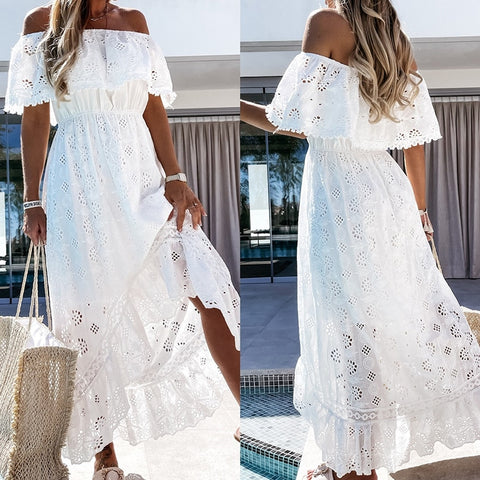 Off Shoulder Lace Ruffle Maxi Dress Women Boho Short Sleeve Long White Casual Summer Fashion