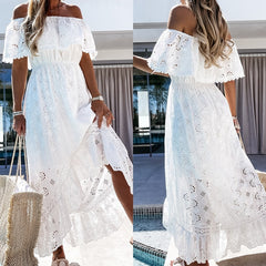 Women's Bohemian Off Shoulder Dress Lace Ruffle Short Sleeve Long White Dress