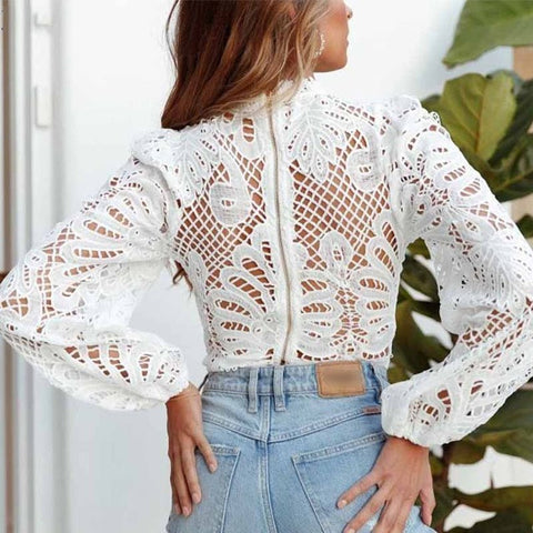 Lace Crochet Blouse Women White Hollow Out Cropped Lantern Sleeve Boho Retro Elegant Fashion