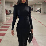 Women Black Long Sleeve Bodycon Midi Party Dress