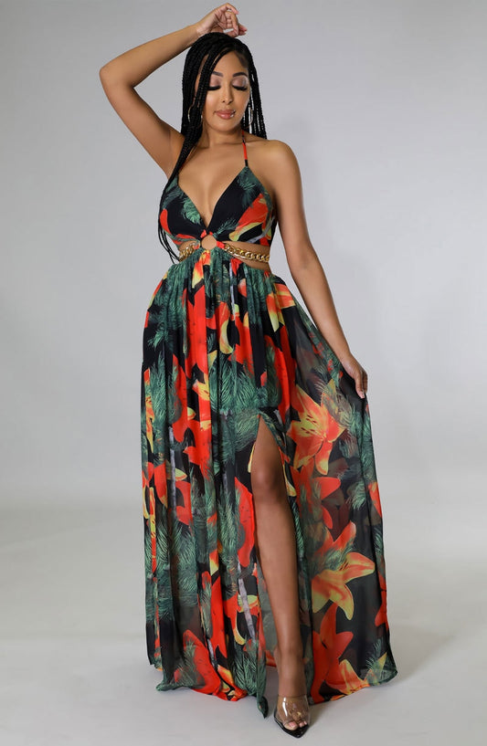 Elegant Backless Maxi Long Dress Women's Floral Halter V-neck Dress with Chain & Split