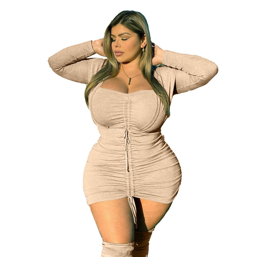 Plus Size Women's V-Neck Bodycon Dress Long Sleeve Sexy Above Knee Mini Dress