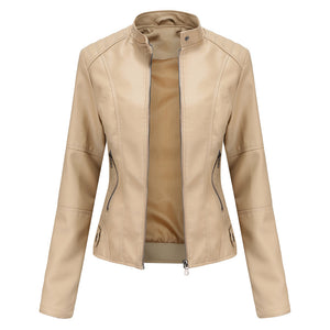 Women's Faux Leather Jacket Spring Autumn Motorcycle Style Stand-up Collar Jacket