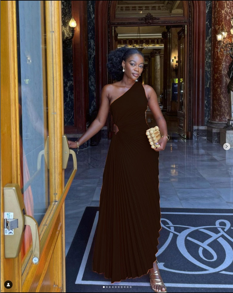 Women's  One Shoulder Pleated Satin Maxi Dress