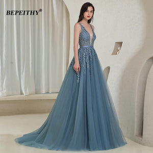 Elegant V Neck Gray Blue Prom Evening Dress Backless Sleeveless Long Gown