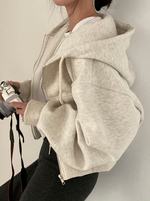 Hooded Fleece Jacket Women Korean Style Short Warm Zipper Casual Autumn Winter Outerwear