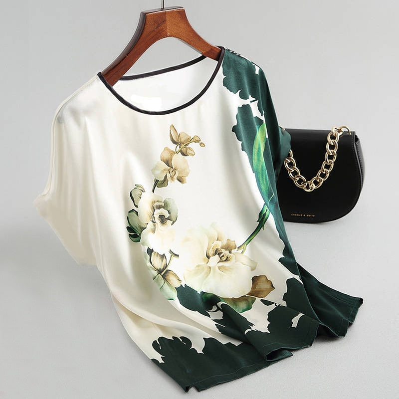 Women's Floral Print Blouse Pullover Satin Plus Size Short Sleeve Vintage Shirt