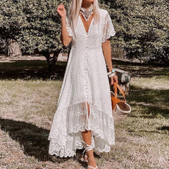 Boho White Lace Dress, Bohemian Floral Lace Rustic Maxi Wedding Dress