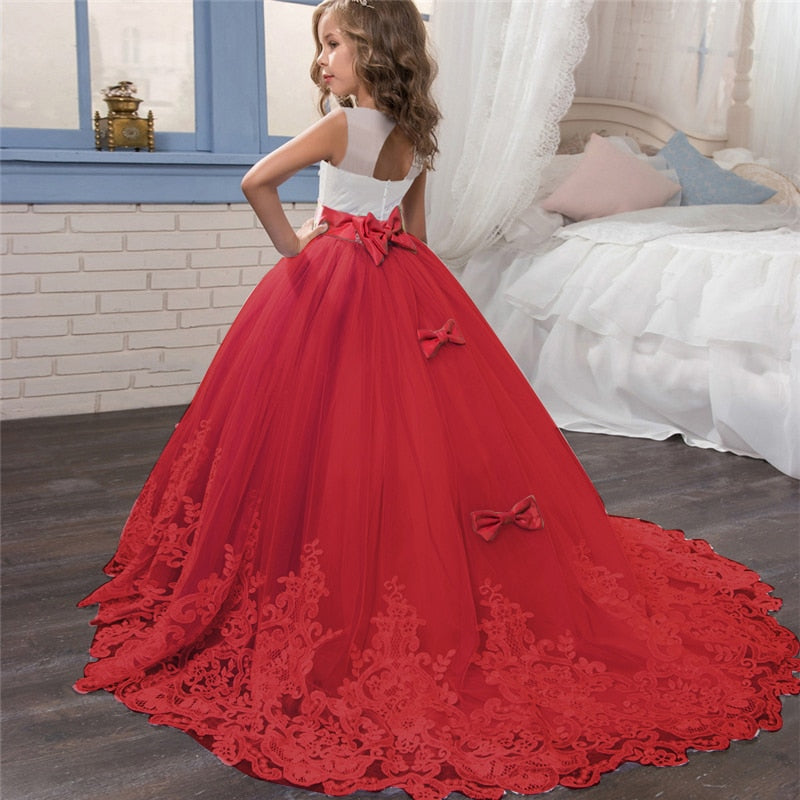 Formal Girl’s Princess Dress Lace Embroidered Prom Ball Gown Weedding Flower Girl Dress