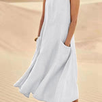 Sleeveless Loose Summer Dress Streetwear Solid V Neck Cotton & Linen Midi Dress Plus Sizes