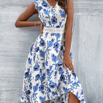 Casual Elegant Lace Stitch Dress for Women Summer Floral Print Hollow Long Irregular Hem Dress