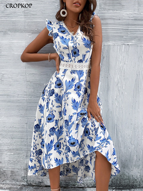 Floral Print Lace Stitch Maxi Dress Women Hollow Irregular Hem Elegant Casual Summer Fashion