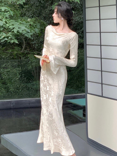 Long Sleeve Maxi Dress Women Elegant French Print Lace-Up Slash Neck Evening Party Fashion Dress