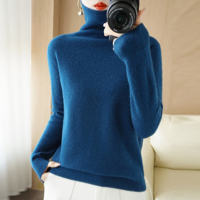 Wool Blend Pile Collar Cashmere Sweater for Women Wool Blend  Knitted Tops Pullover