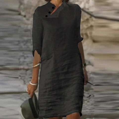 Cotton Linen A-Line Mini Dress Women Skew Button Vintage Casual Loose Mid Sleeve Summer Fashion