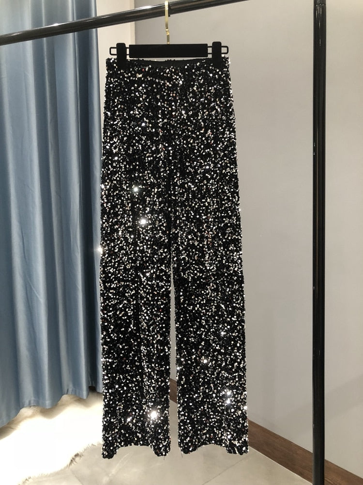 Fashionable Trendy Sparkling Pants Wide-Legged Sequins