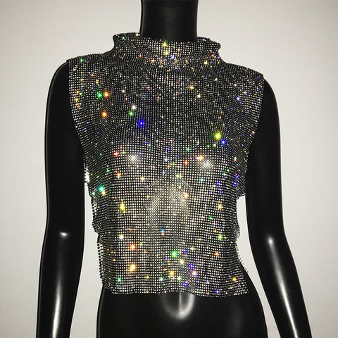 Rhinestone Glitter Turtleneck Crop Top Women Sparkly Elegant Party Club Fashion Top