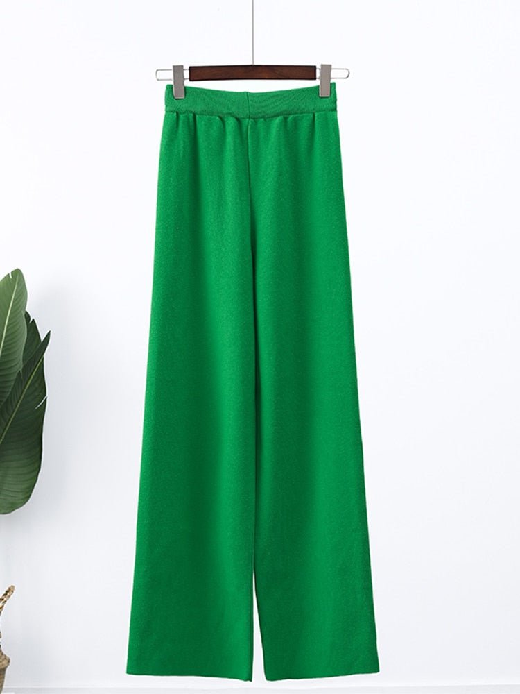 Lapel Knit Sweater & Wide Leg Pant Set Women Solid Loose Casual Winter Fashion Outfit
