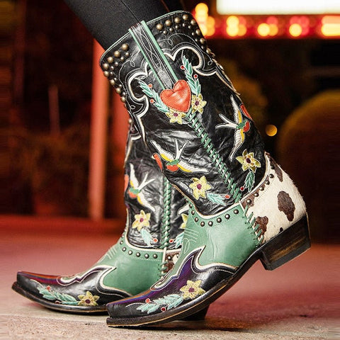 Cowboy Boots Women Faux Leather Mid-Calf Retro Embroidered Slip-On Chunky Heel Fashion Shoes