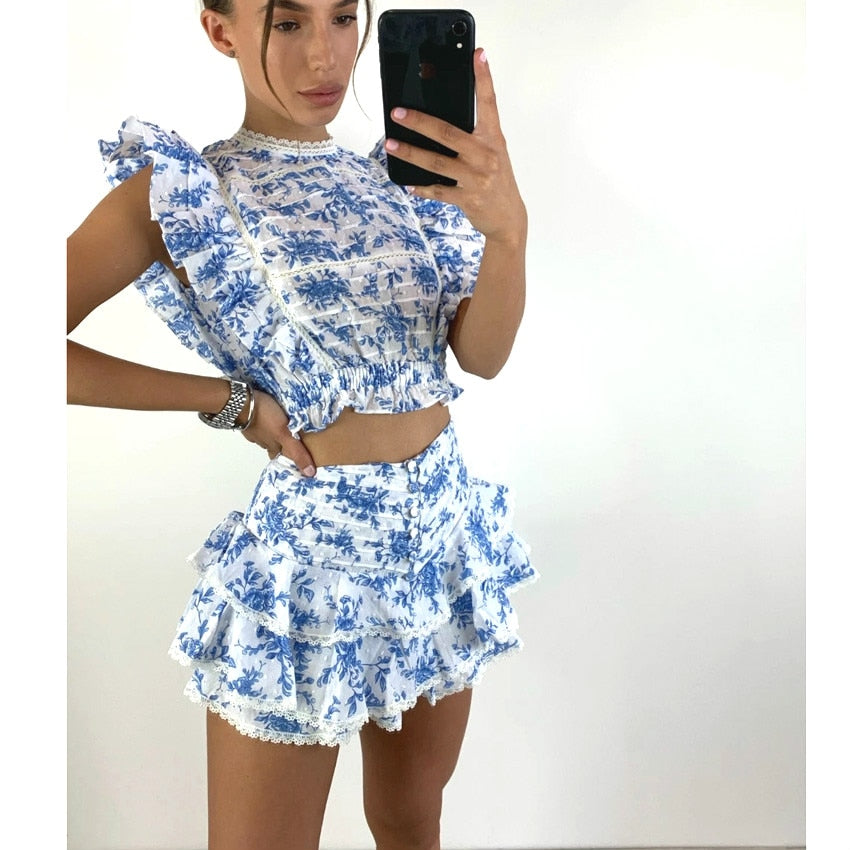 Women's Floral Patchwork Two Piece Set Cropped Top w/ Ruffle and Ruffled Mini Shorts Skirt
