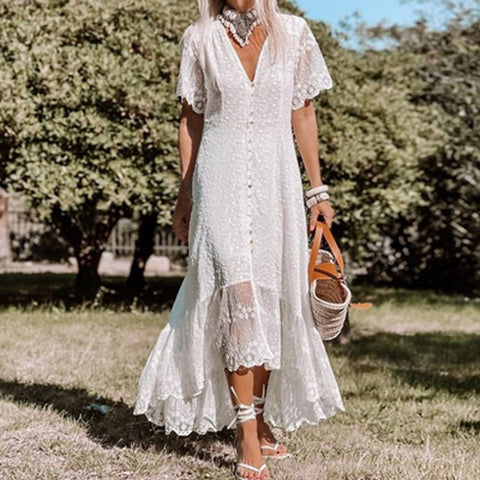 Boho White Lace Maxi Dress Women Floral Rustic Elegant Wedding Guest Summer Fashion