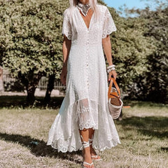 Boho White Lace Dress, Bohemian Floral Lace Rustic Maxi Wedding Dress