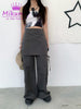 Women Solid Color Elastic Waist Loose Wide Leg Pant Fake Two Piece Casual Trousers